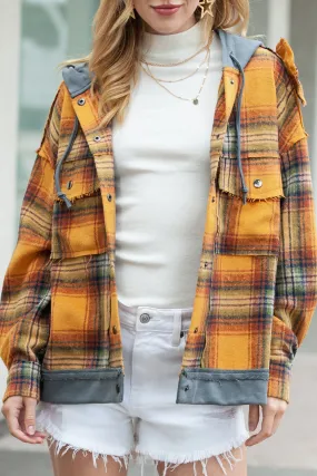 🔥 Plaid Patchwork Frayed Trim Snap Button Hooded Jacket 🔥