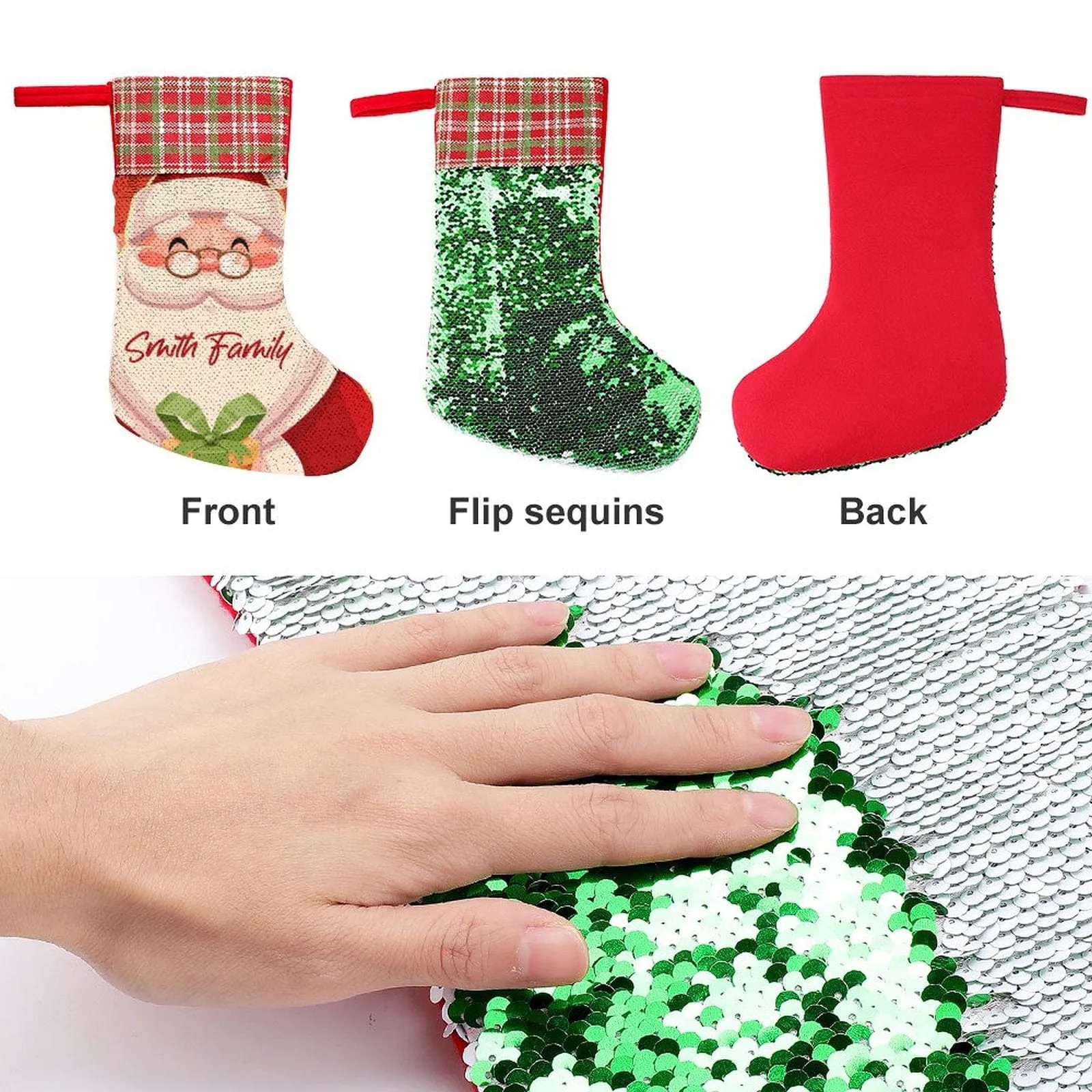 16.5in(L) Super Size-Custom Text Santa Claus Christmas Socks Flip Sequins Christmas Stocking