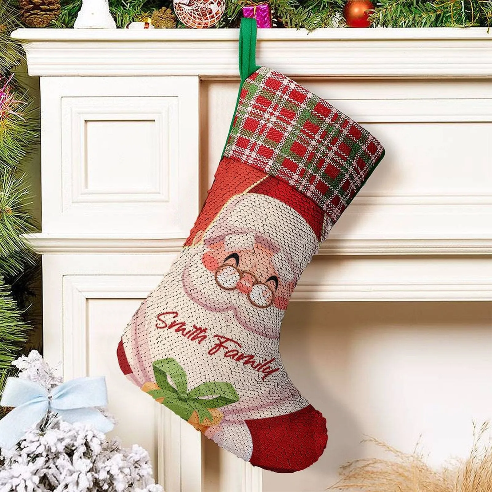 16.5in(L) Super Size-Custom Text Santa Claus Christmas Socks Flip Sequins Christmas Stocking