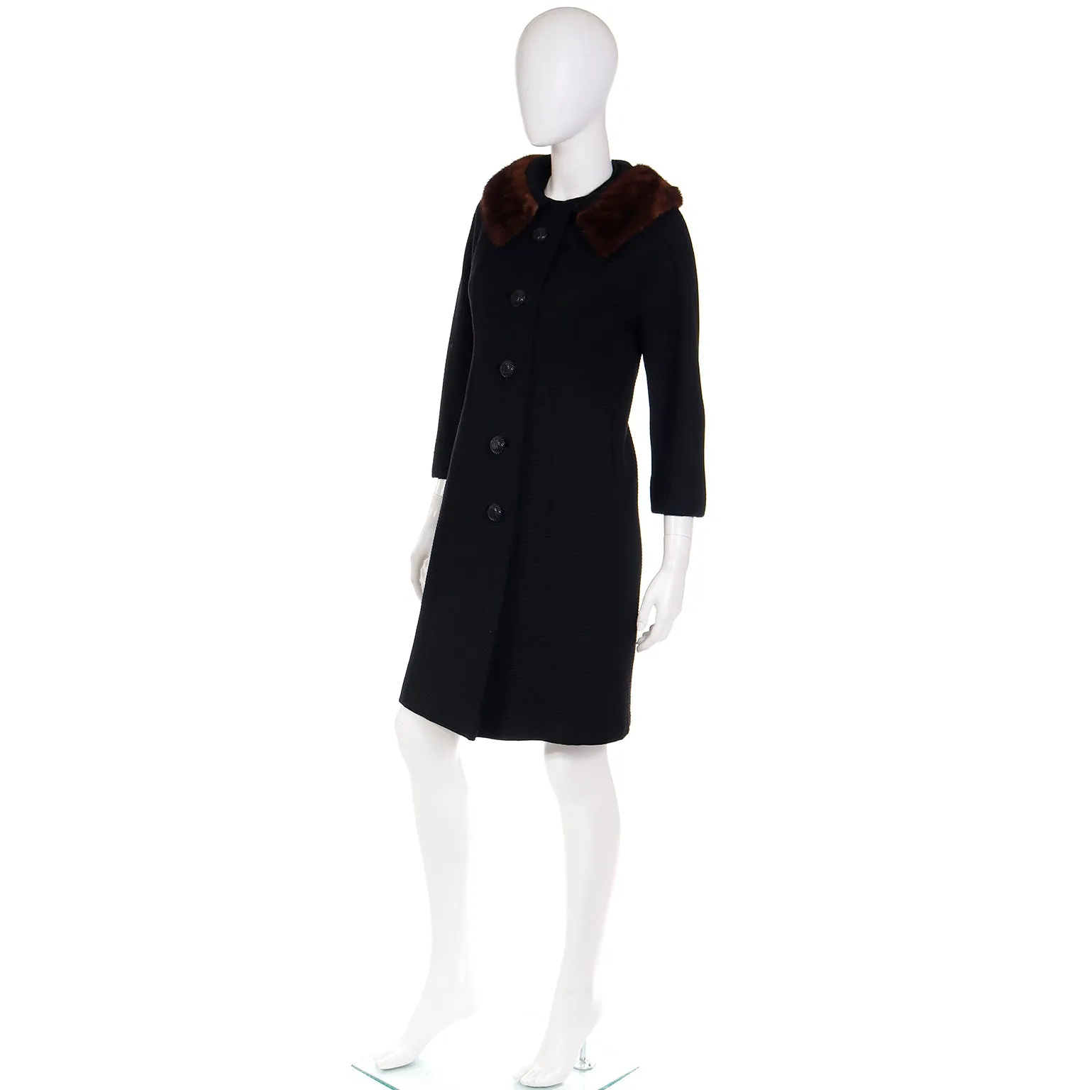 1960s Vintage Black Ottoman Coat With Mink Fur Collar