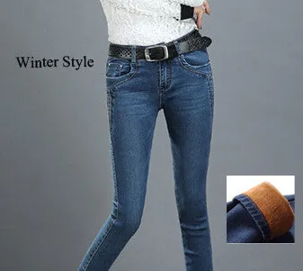 2016 Winter Warm thick velvet skinny jeans Pants for woman Plus size 34 33 Blue demin trousers Skinny ladies pant Femme Pantalon