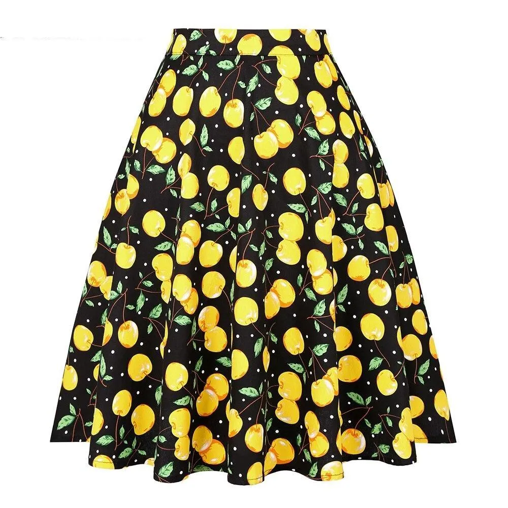 2023 Blue Strawberry Women Swing Midi Skirt High Waist Casual Office Retro Vintage 40s 50s 60s Pinup Rockabilly Plus Size Skirts