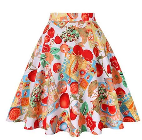 2023 Blue Strawberry Women Swing Midi Skirt High Waist Casual Office Retro Vintage 40s 50s 60s Pinup Rockabilly Plus Size Skirts