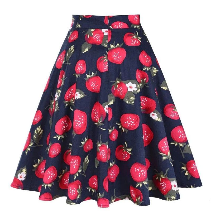 2023 Blue Strawberry Women Swing Midi Skirt High Waist Casual Office Retro Vintage 40s 50s 60s Pinup Rockabilly Plus Size Skirts