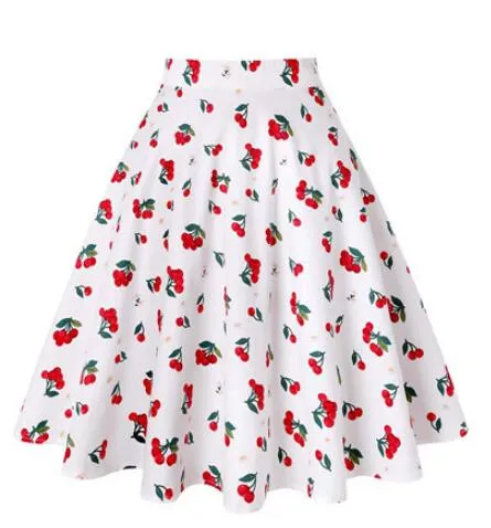 2023 Blue Strawberry Women Swing Midi Skirt High Waist Casual Office Retro Vintage 40s 50s 60s Pinup Rockabilly Plus Size Skirts