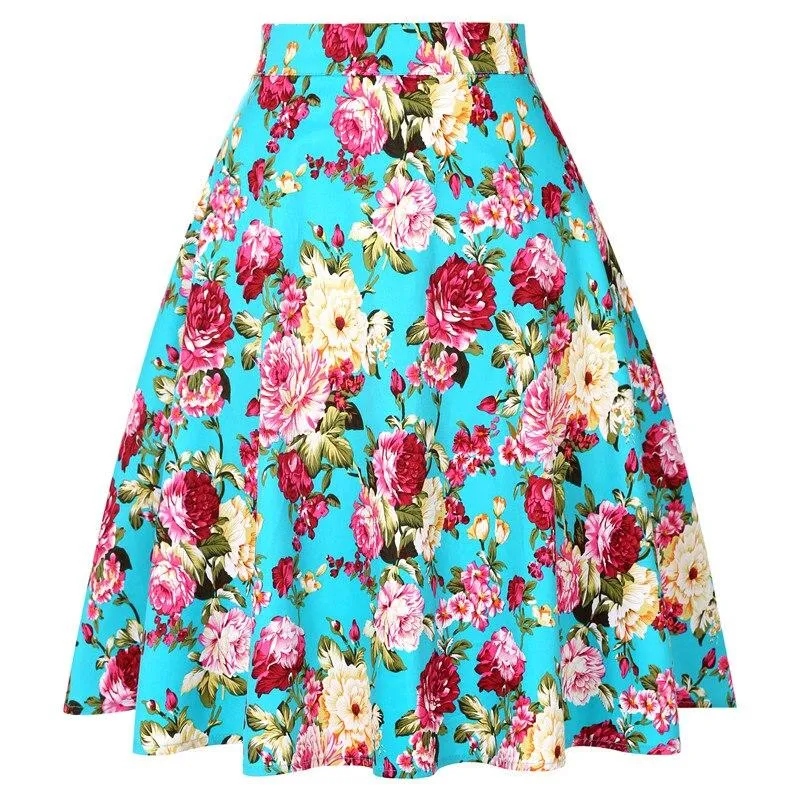 2023 Blue Strawberry Women Swing Midi Skirt High Waist Casual Office Retro Vintage 40s 50s 60s Pinup Rockabilly Plus Size Skirts