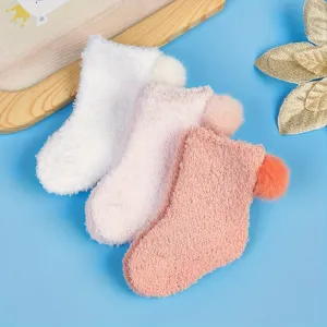 3 Pairs Girl's Children's Solid Candy Colorful Coral Fleece Socks, Soft Comfortable Warm Breathable Socks