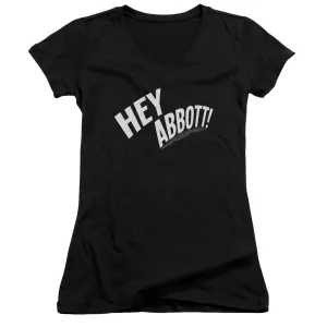 Abbott & Costello Hey Abbott Junior Sheer Cap Sleeve V-Neck Womens T Shirt Black