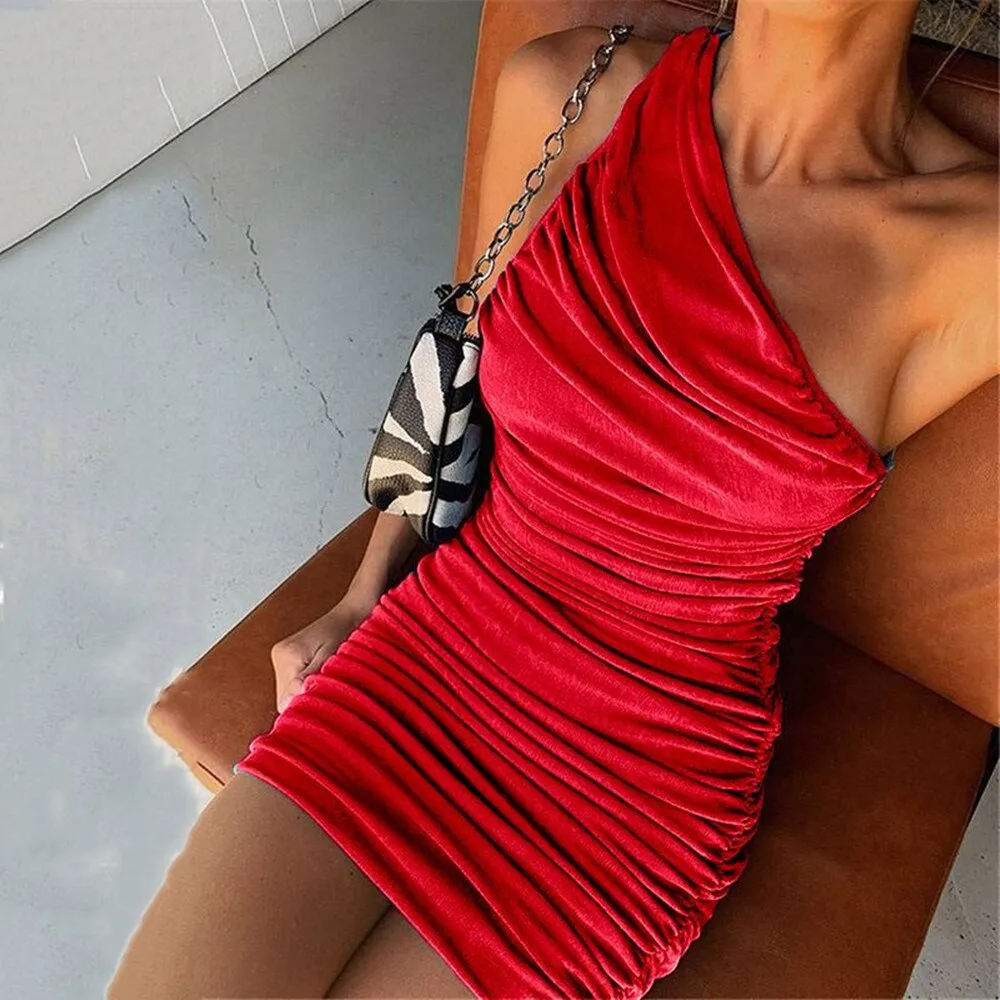 Amozae--hoco dresses  Blue One Shoulder Ruched Dress For Women Sleeveless Bodycon Mini Dresses Femme Clubwear Slim Party Dress Streetwear