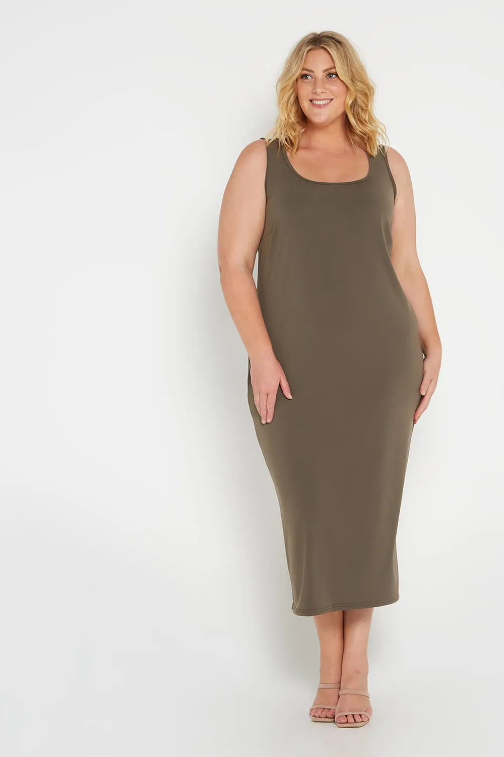 Amy Midi Stretch Slip - Khaki