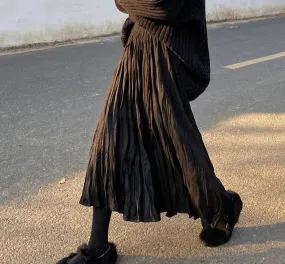 Autumn Winter Wrinkled Black Pleated Skirt Women Korean Style Casual High Waisted A-Line Long Skirts Midi falda plisada