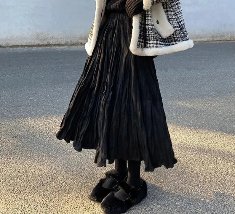 Autumn Winter Wrinkled Black Pleated Skirt Women Korean Style Casual High Waisted A-Line Long Skirts Midi falda plisada