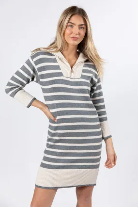 Between You and Me Grey Striped Quarter Zip Sweater Dress