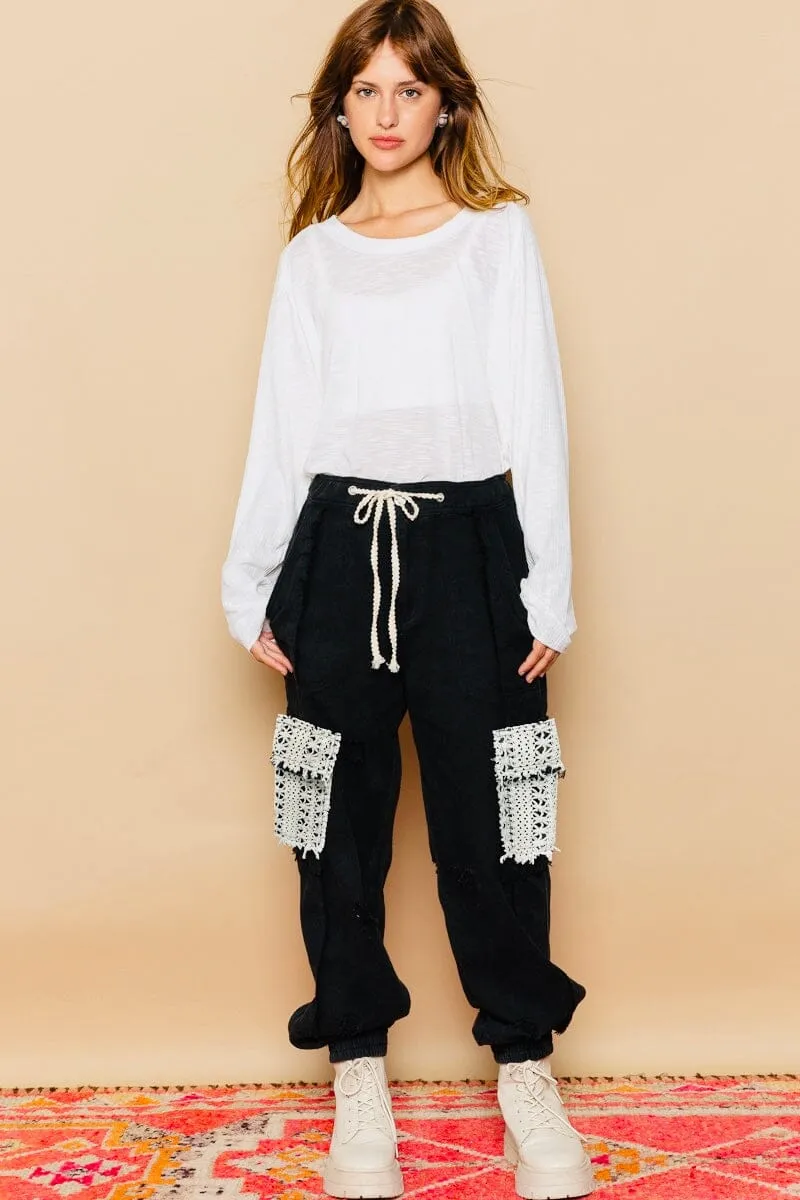 BLACK DRAWSTRING CROCHET LACE PATCH PANT