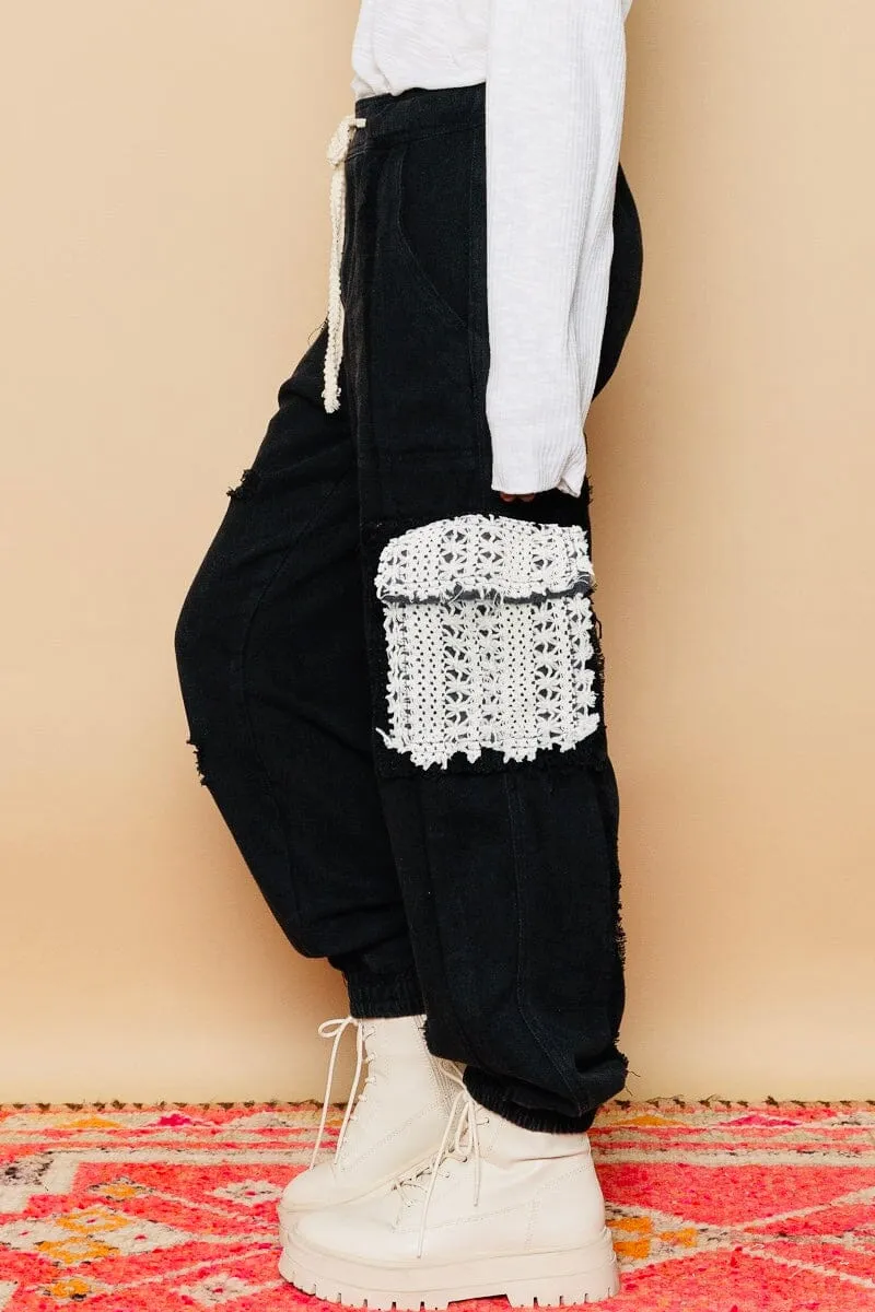 BLACK DRAWSTRING CROCHET LACE PATCH PANT