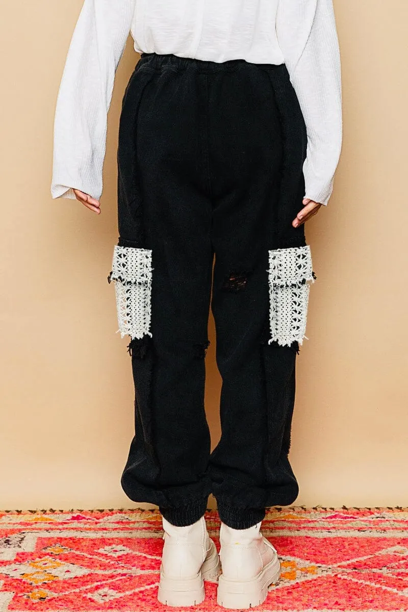 BLACK DRAWSTRING CROCHET LACE PATCH PANT