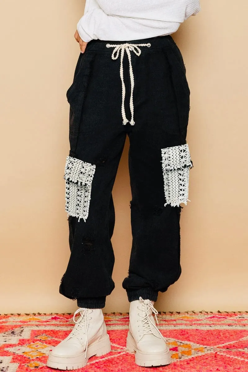 BLACK DRAWSTRING CROCHET LACE PATCH PANT