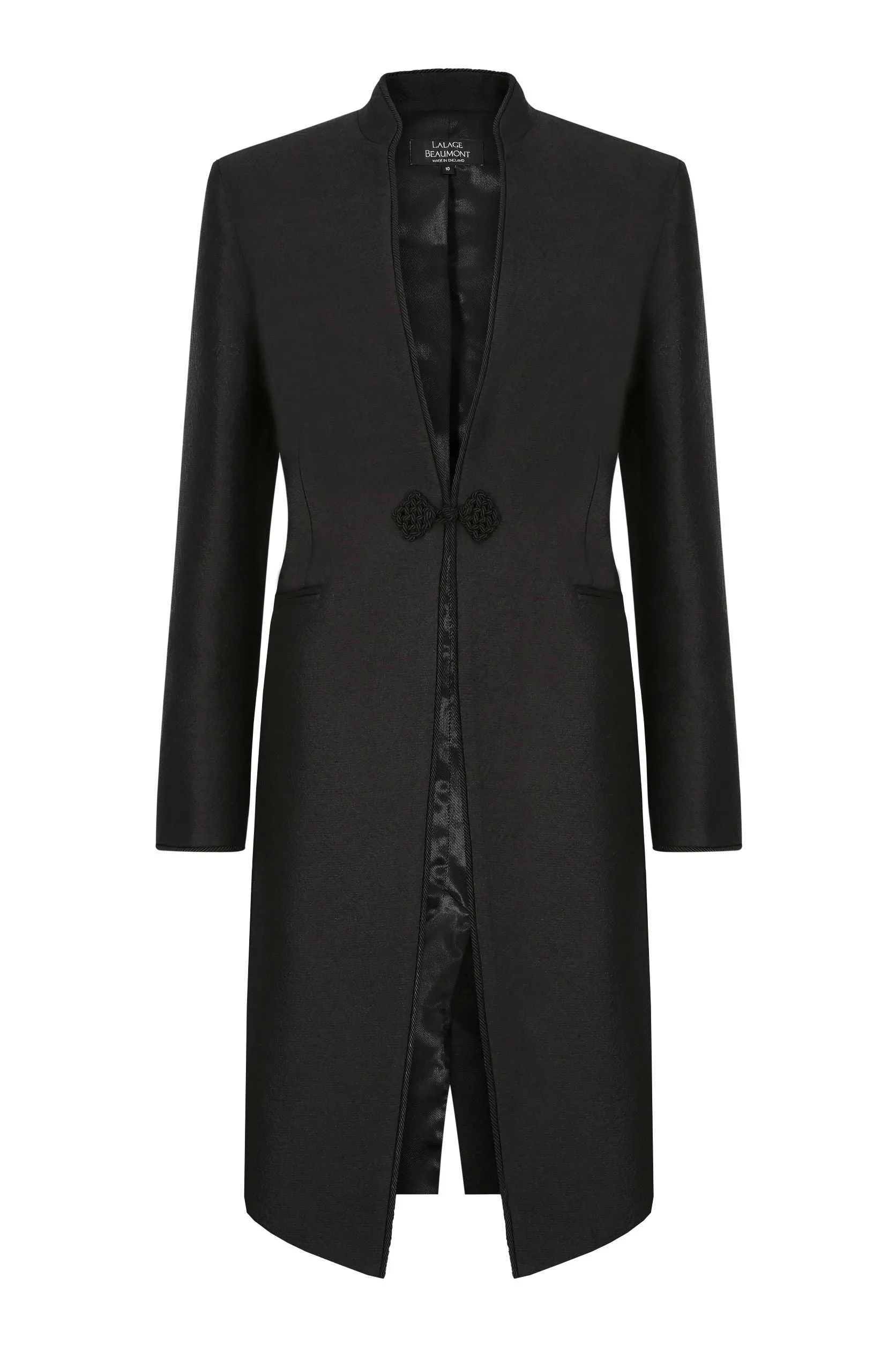 Black Dress Coat in Summer Brocade with Cord Trim and Frogging - Vicky