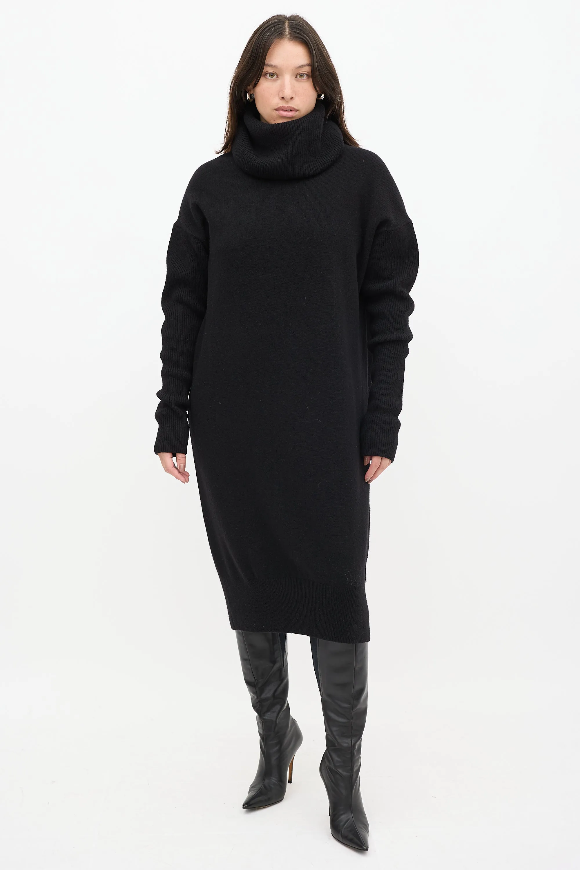 Black Wool Knit Turtleneck Sweater Dress