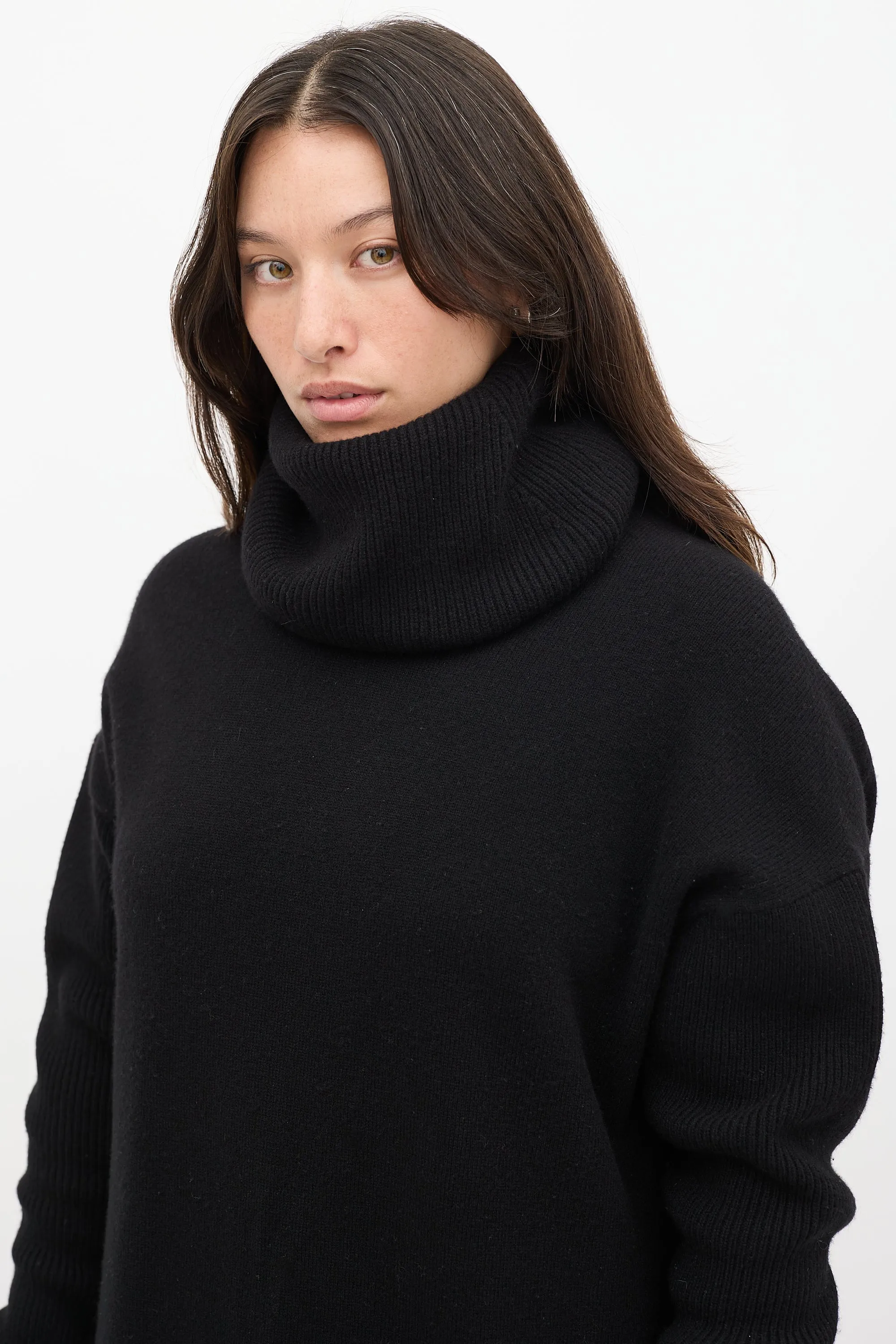 Black Wool Knit Turtleneck Sweater Dress