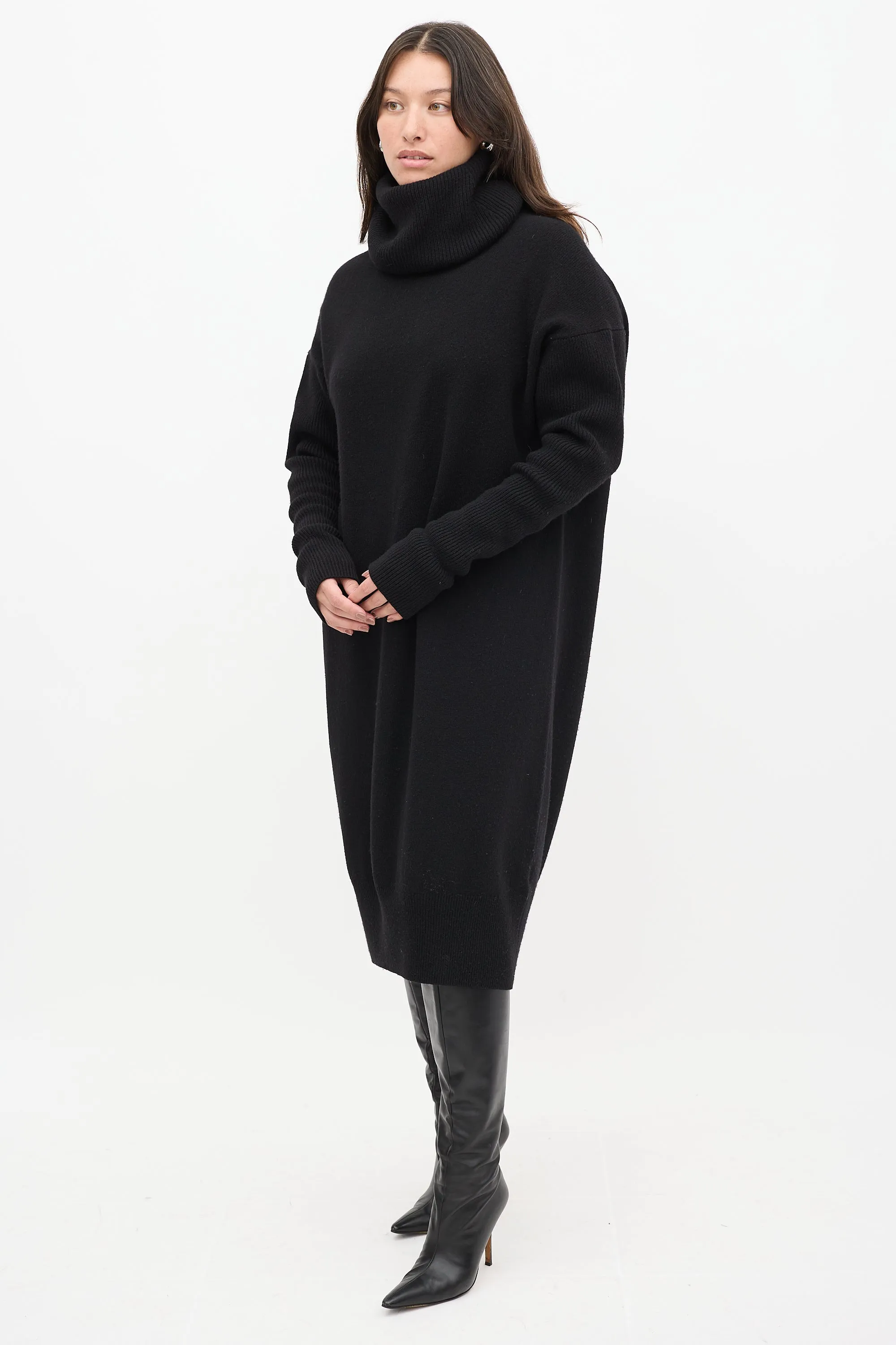 Black Wool Knit Turtleneck Sweater Dress