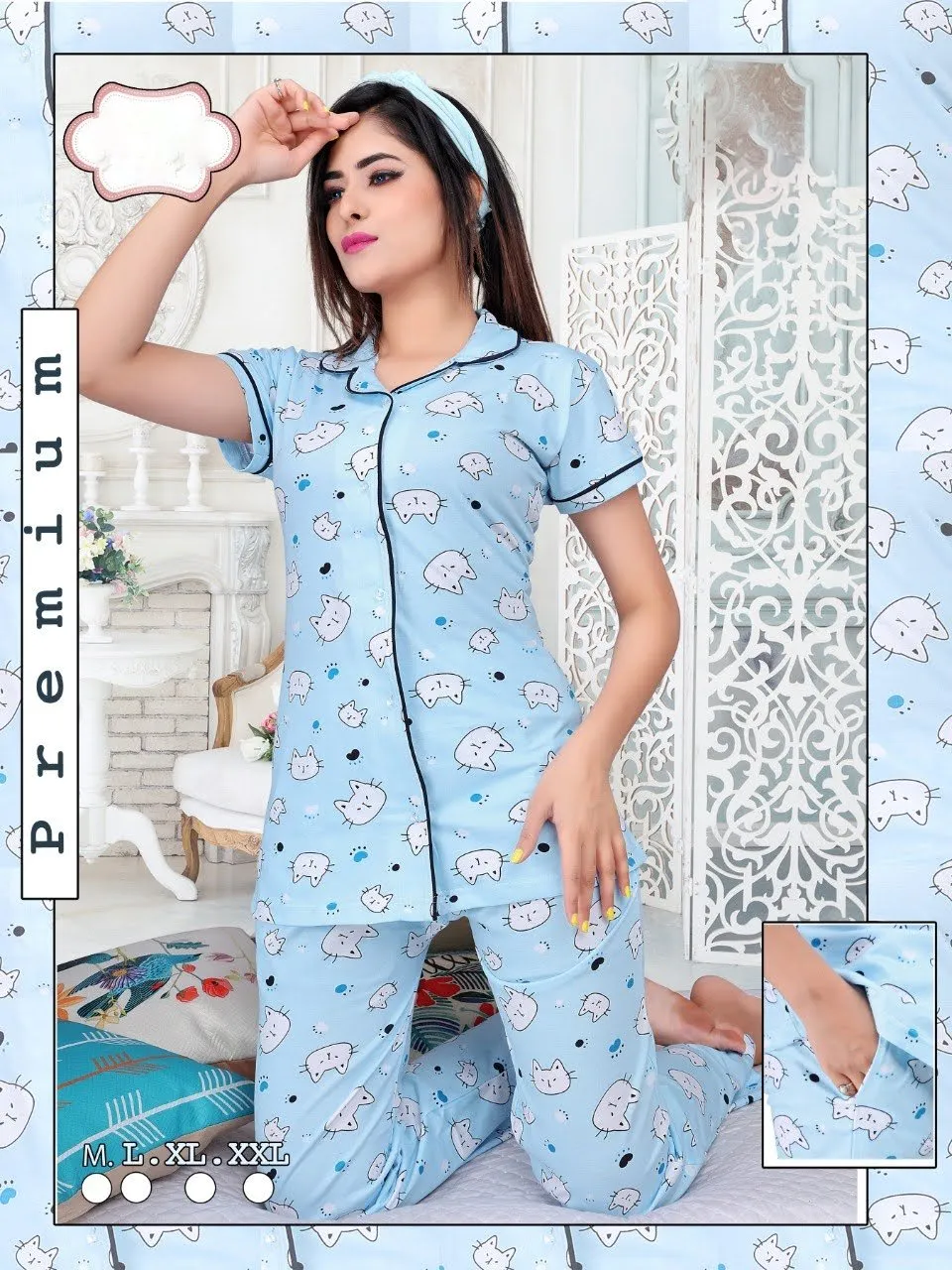 Blue Collar Front Open Night Suit Night Wear Set for Girls