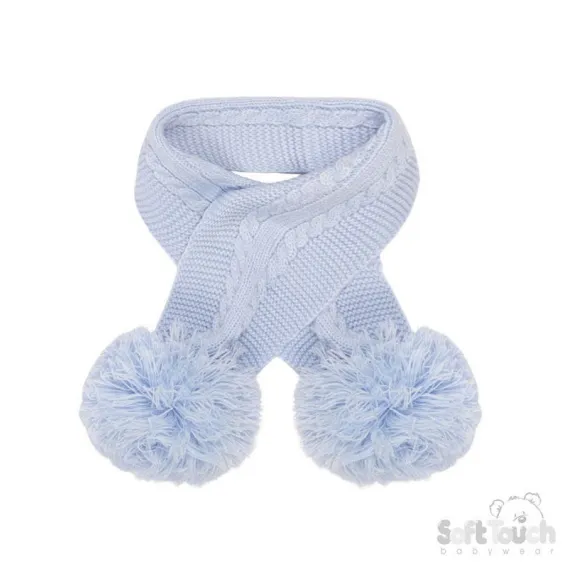 Blue 'Elegance' Cable Knit Scarf w/Pom Poms : SC12-B