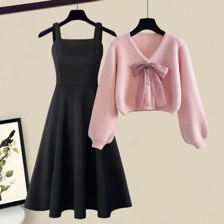 Bowknot Charm: V-Neck Cardigan Sweater with Slip Dress Set