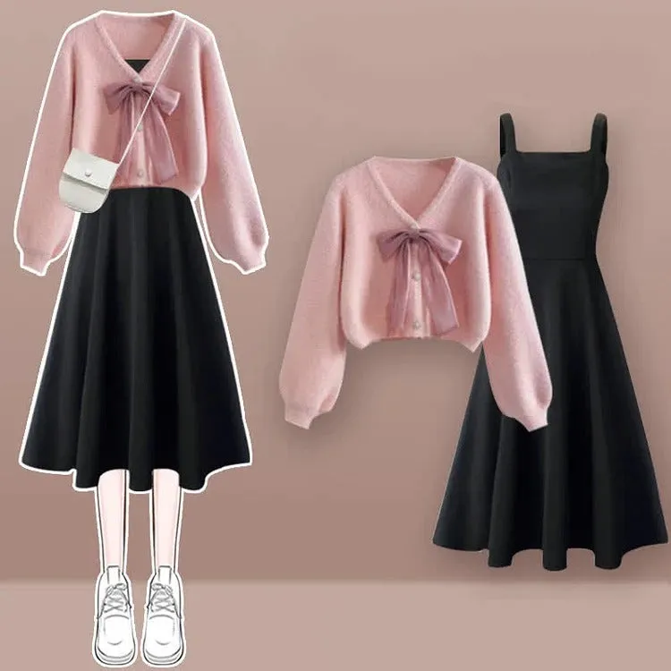 Bowknot Charm: V-Neck Cardigan Sweater with Slip Dress Set