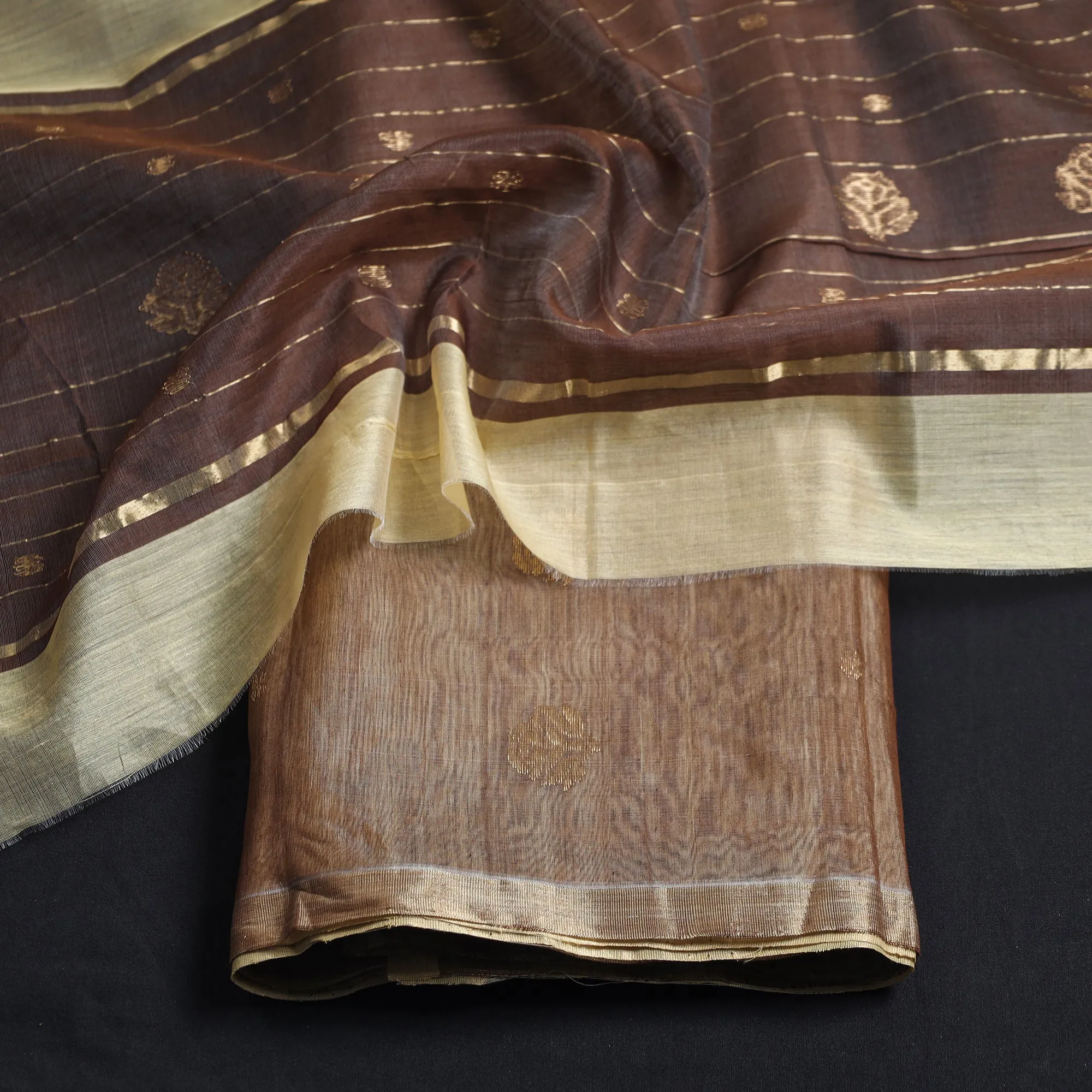 Brown - 3pc Chanderi Silk Cotton Handloom Flower Zari Buta Suit Material Set