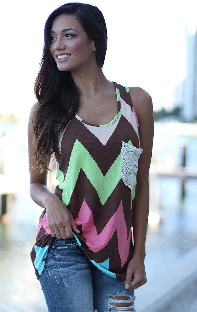 Chevron Tank Top with Crochet Pocket