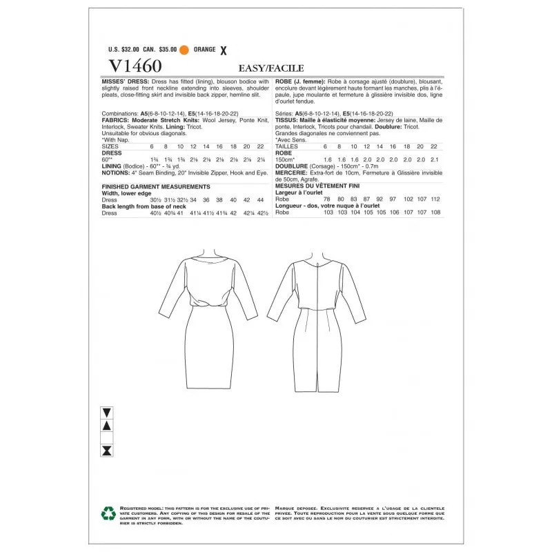 CLEARANCE • VOGUE PATTERN  MISSES' DRESS 1460