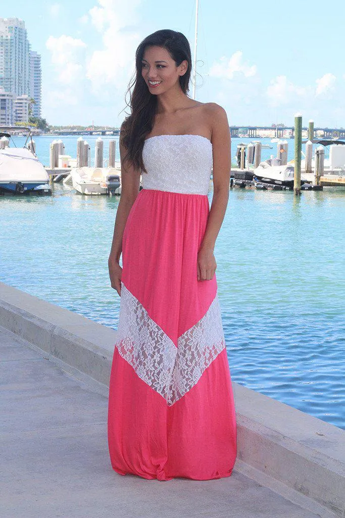 Coral and Ivory Chevron Maxi Dress with Lace