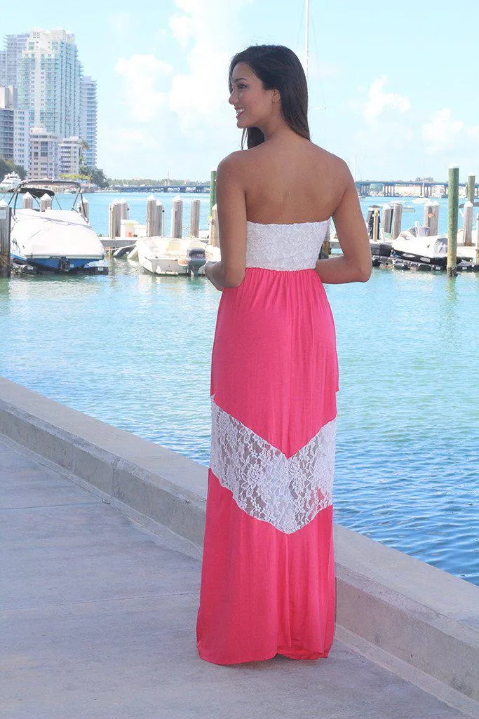 Coral and Ivory Chevron Maxi Dress with Lace