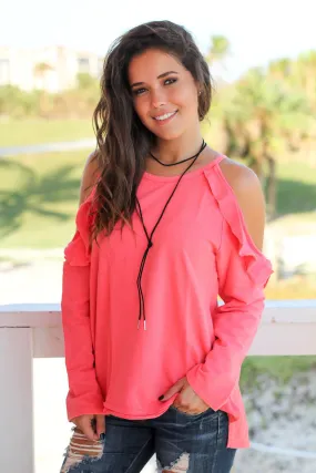 Coral Cold Shoulder Top with Ruffle Detail