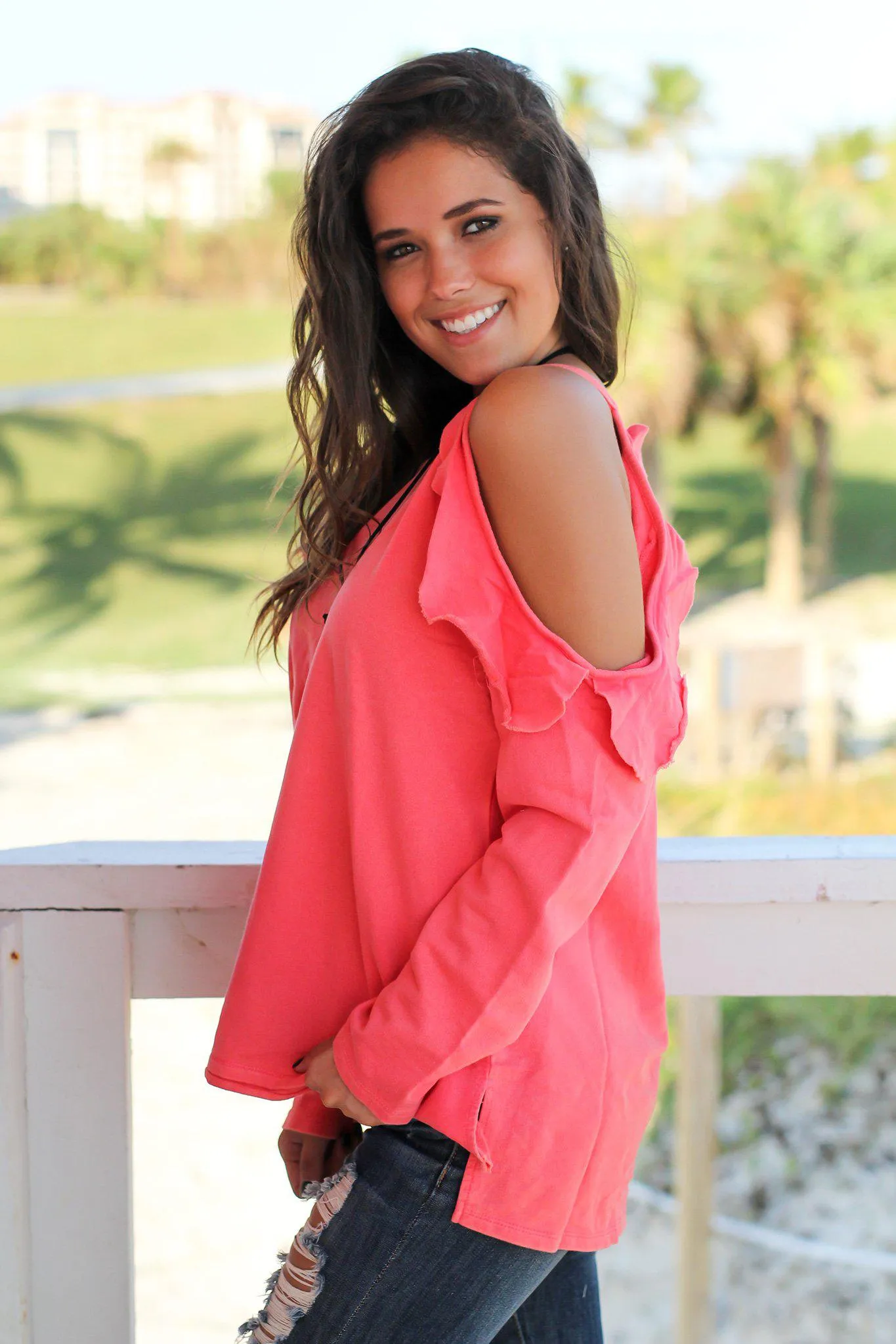 Coral Cold Shoulder Top with Ruffle Detail