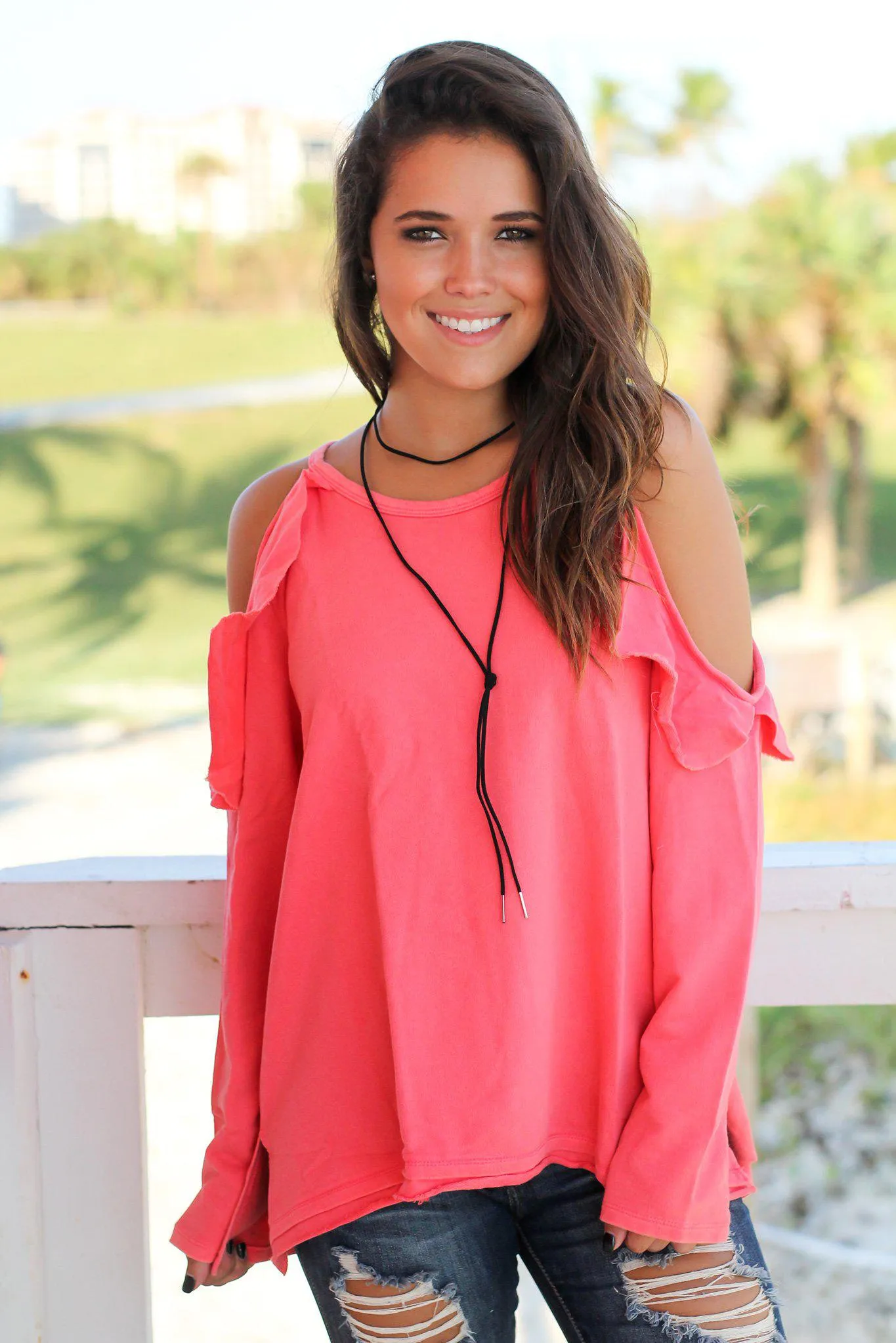 Coral Cold Shoulder Top with Ruffle Detail