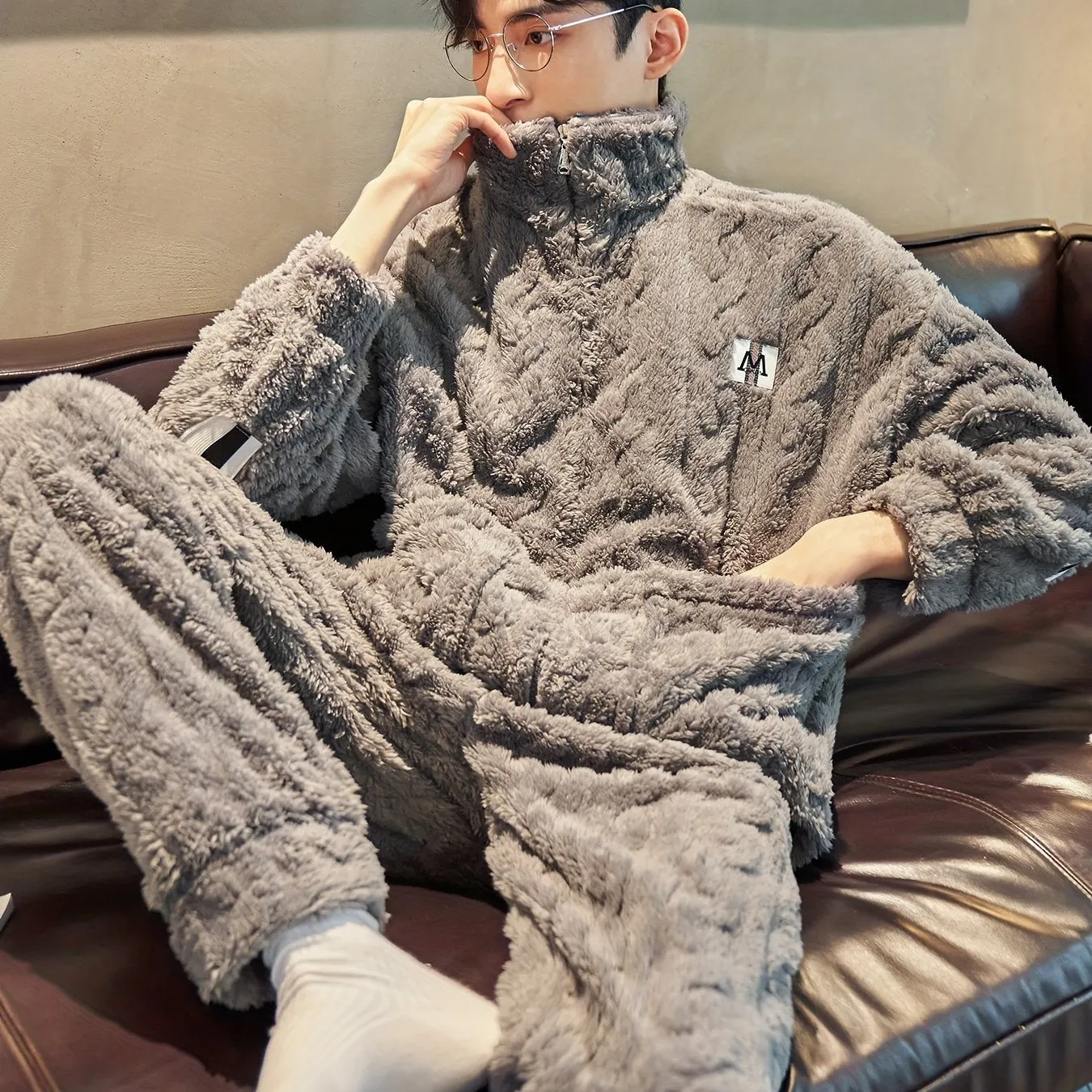 Coral Fleece Pajamas Men's Winter Thickened Plus Velvet Warm Stand Collar Zipper Style Autumn And Winter Sky Flannel Loungewear Two-piece Set