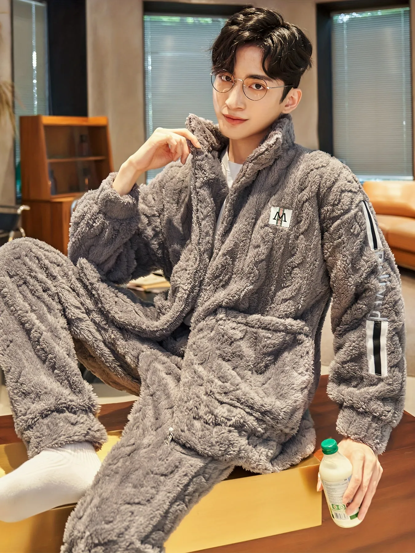 Coral Fleece Pajamas Men's Winter Thickened Plus Velvet Warm Stand Collar Zipper Style Autumn And Winter Sky Flannel Loungewear Two-piece Set