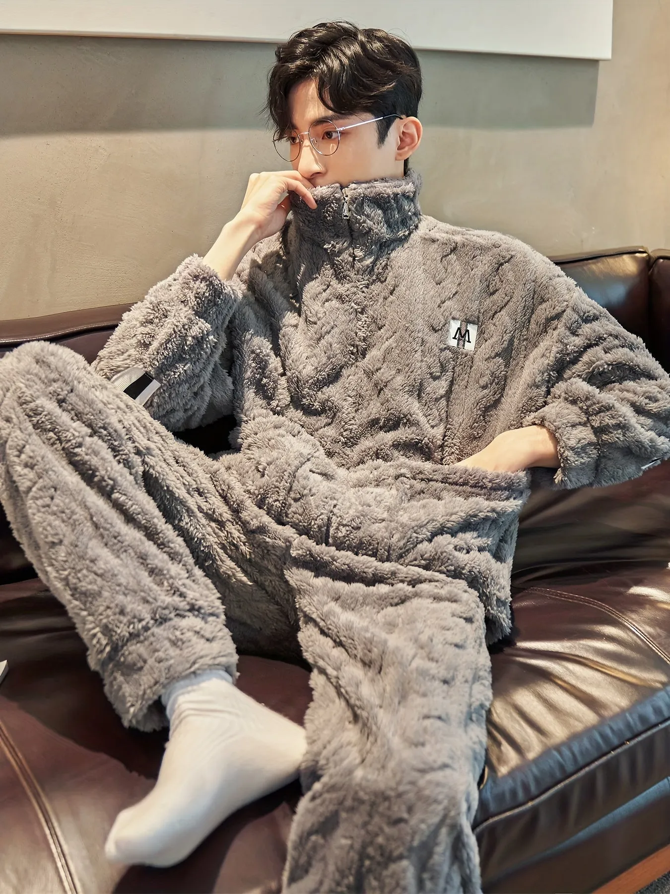 Coral Fleece Pajamas Men's Winter Thickened Plus Velvet Warm Stand Collar Zipper Style Autumn And Winter Sky Flannel Loungewear Two-piece Set