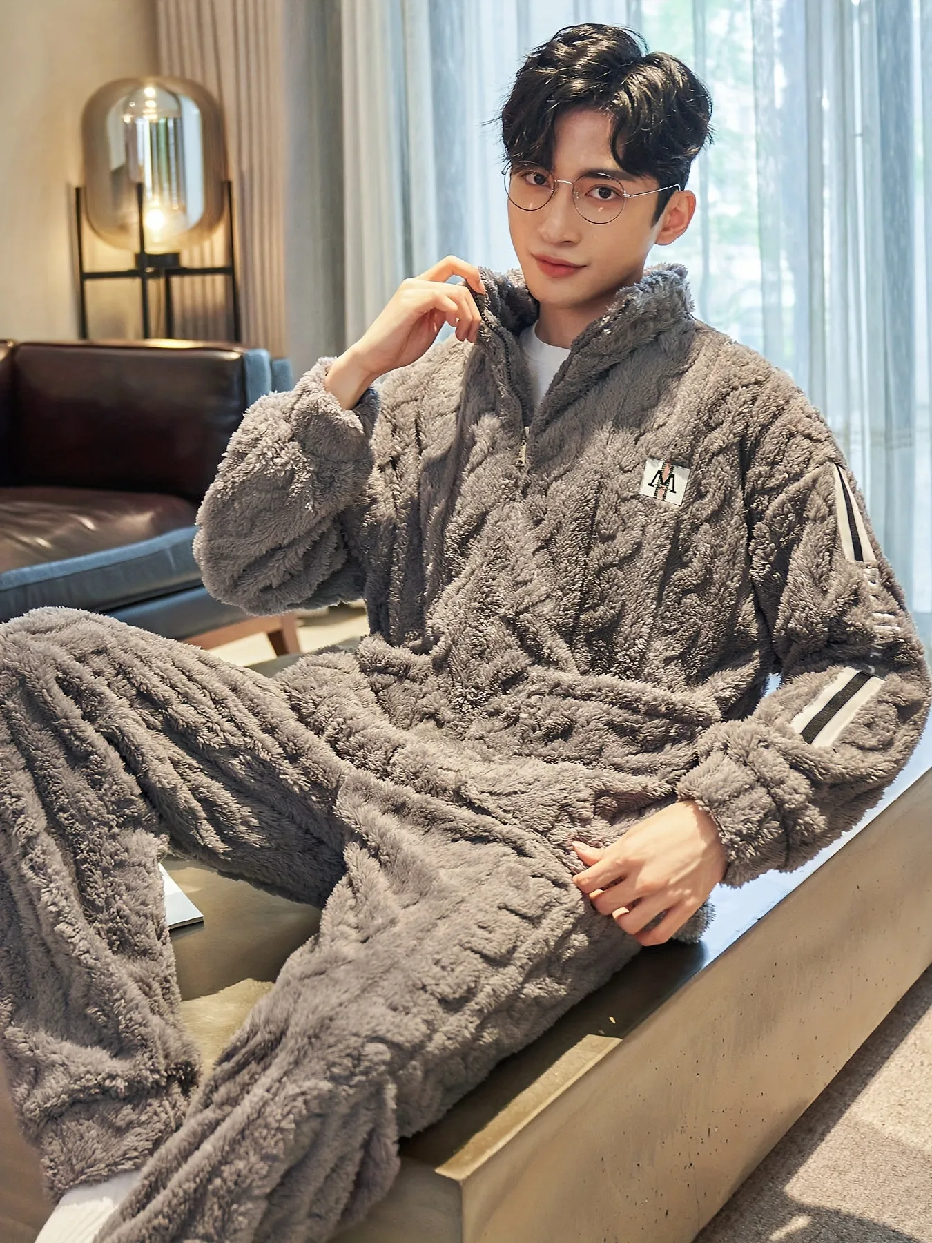 Coral Fleece Pajamas Men's Winter Thickened Plus Velvet Warm Stand Collar Zipper Style Autumn And Winter Sky Flannel Loungewear Two-piece Set