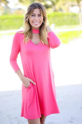 Coral Mock Neck Short Dress with Pockets