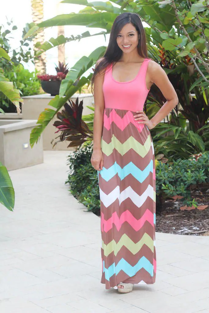 Coral Multicolor Chevron Maxi Dress