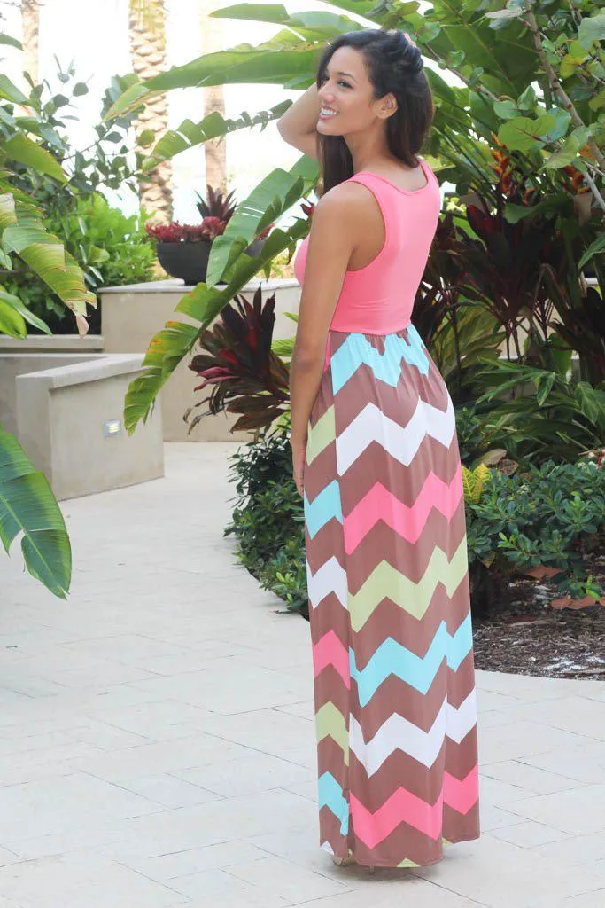 Coral Multicolor Chevron Maxi Dress