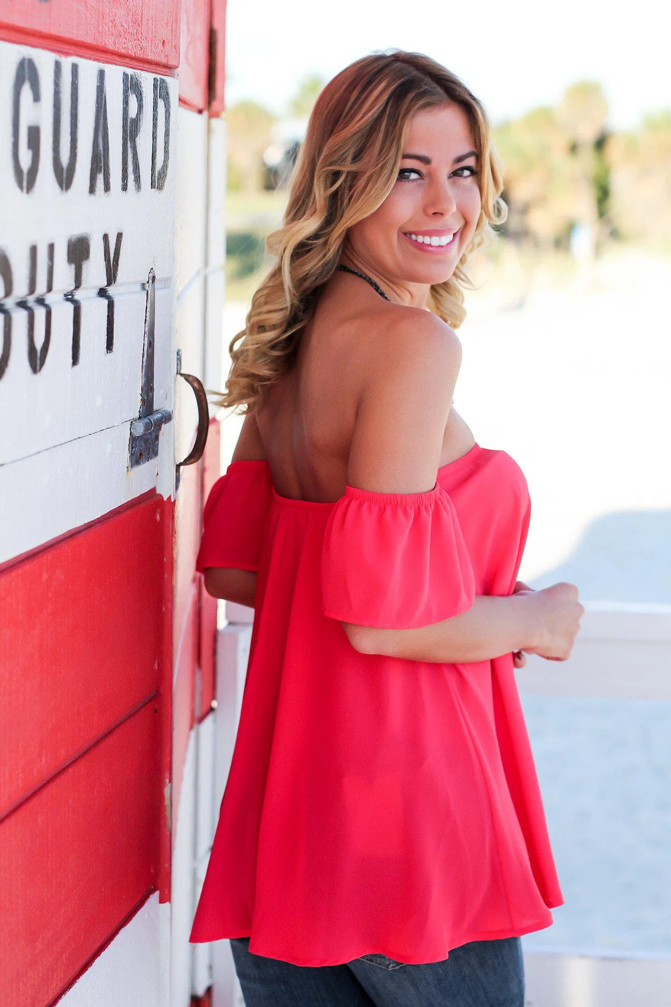 Coral Off Shoulder Top