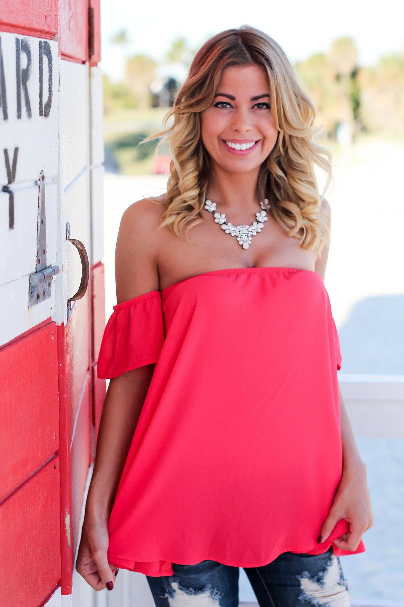 Coral Off Shoulder Top