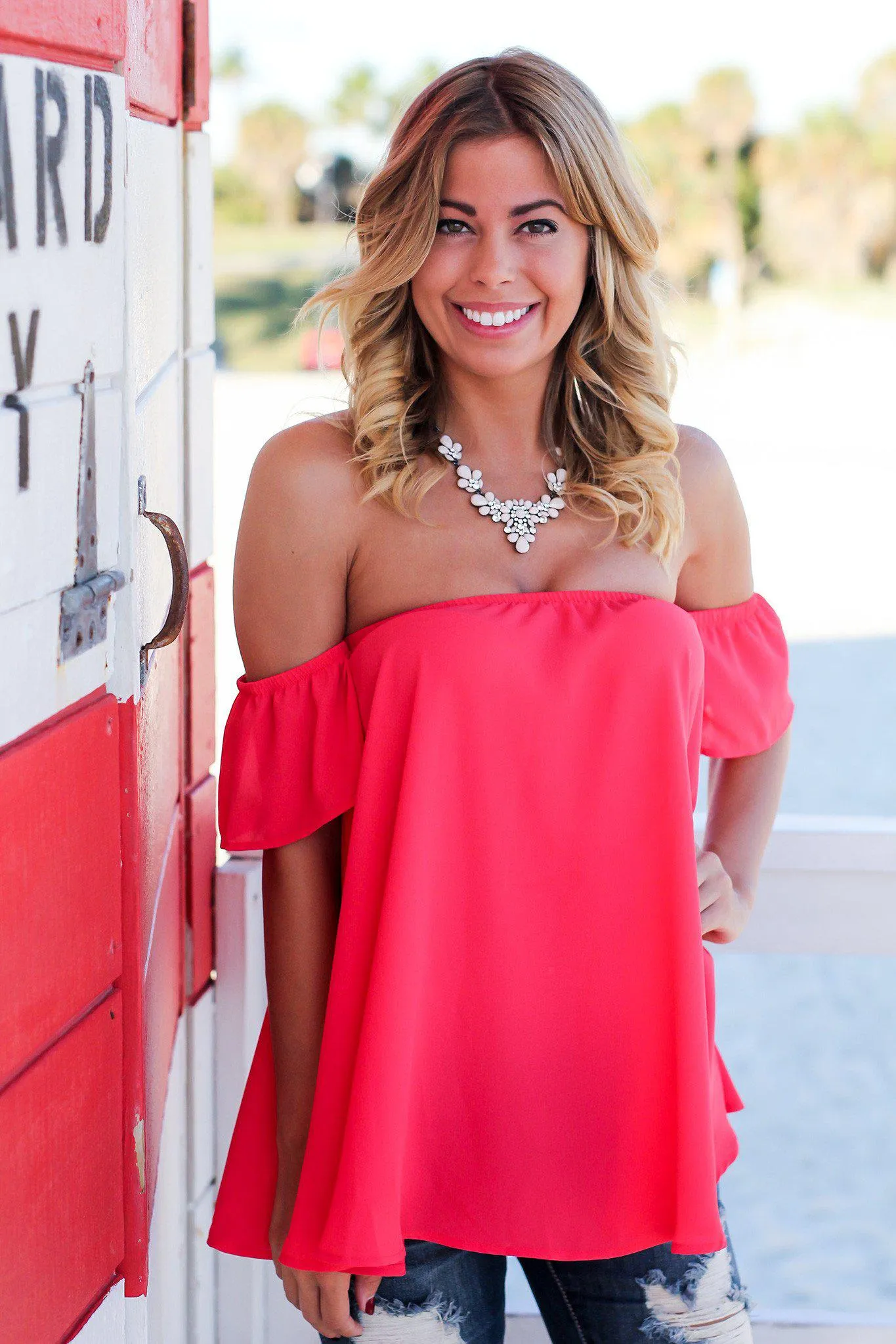 Coral Off Shoulder Top