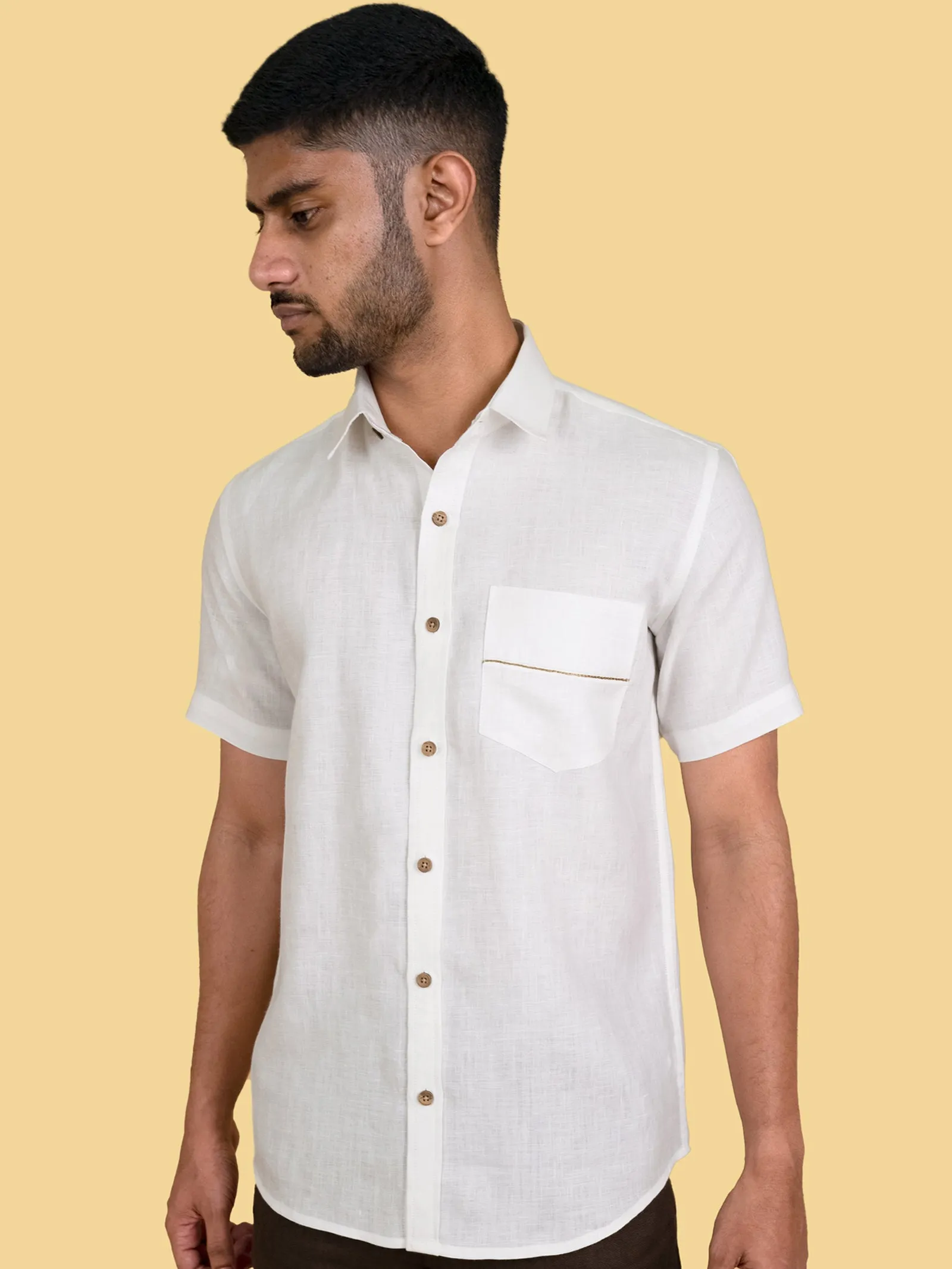 Cornes - Pure Linen Pocket Detailed Half Sleeve Shirt - White (Factory Rescue)