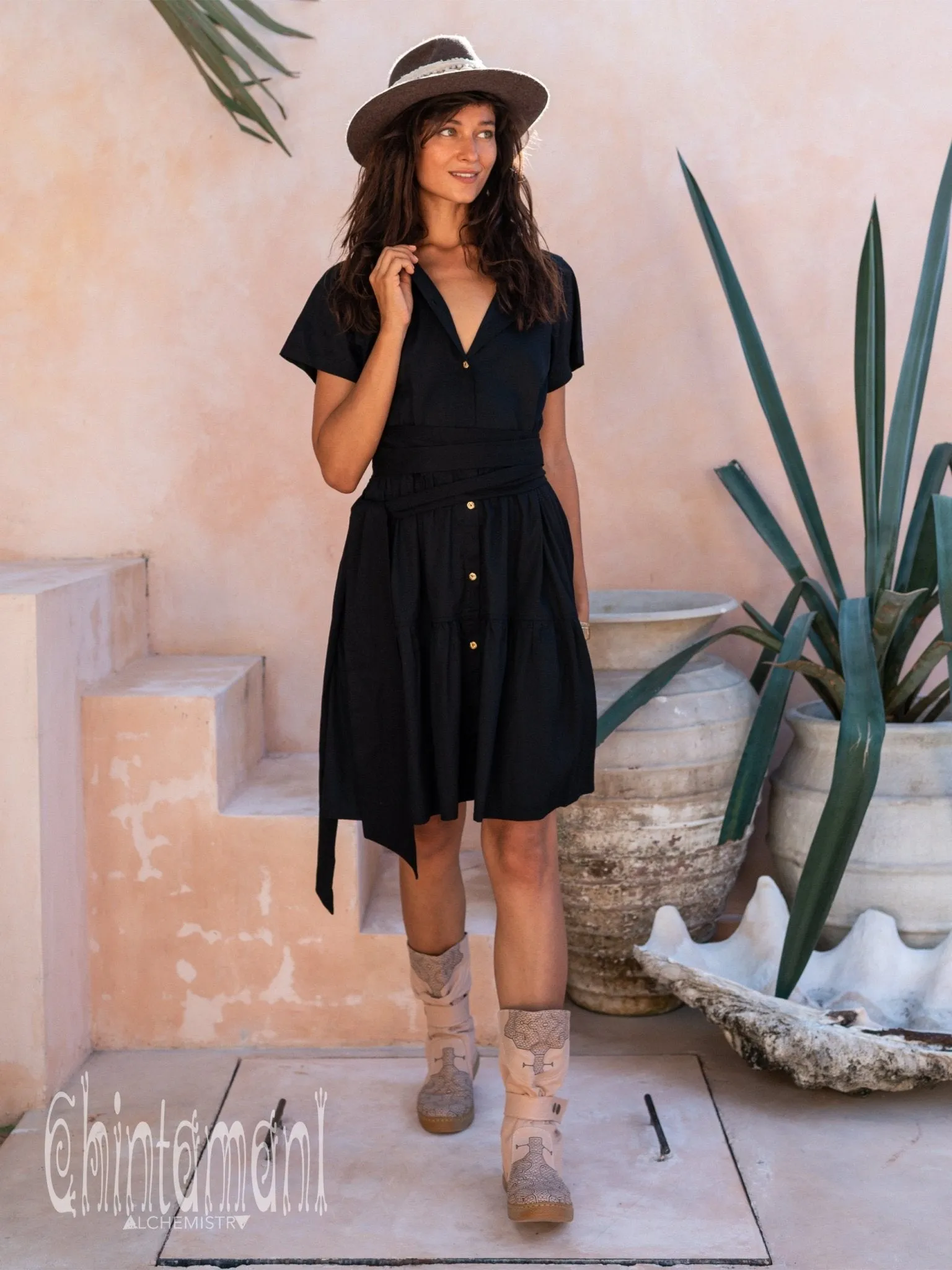 Cotton Mini Shirt Dress / Black