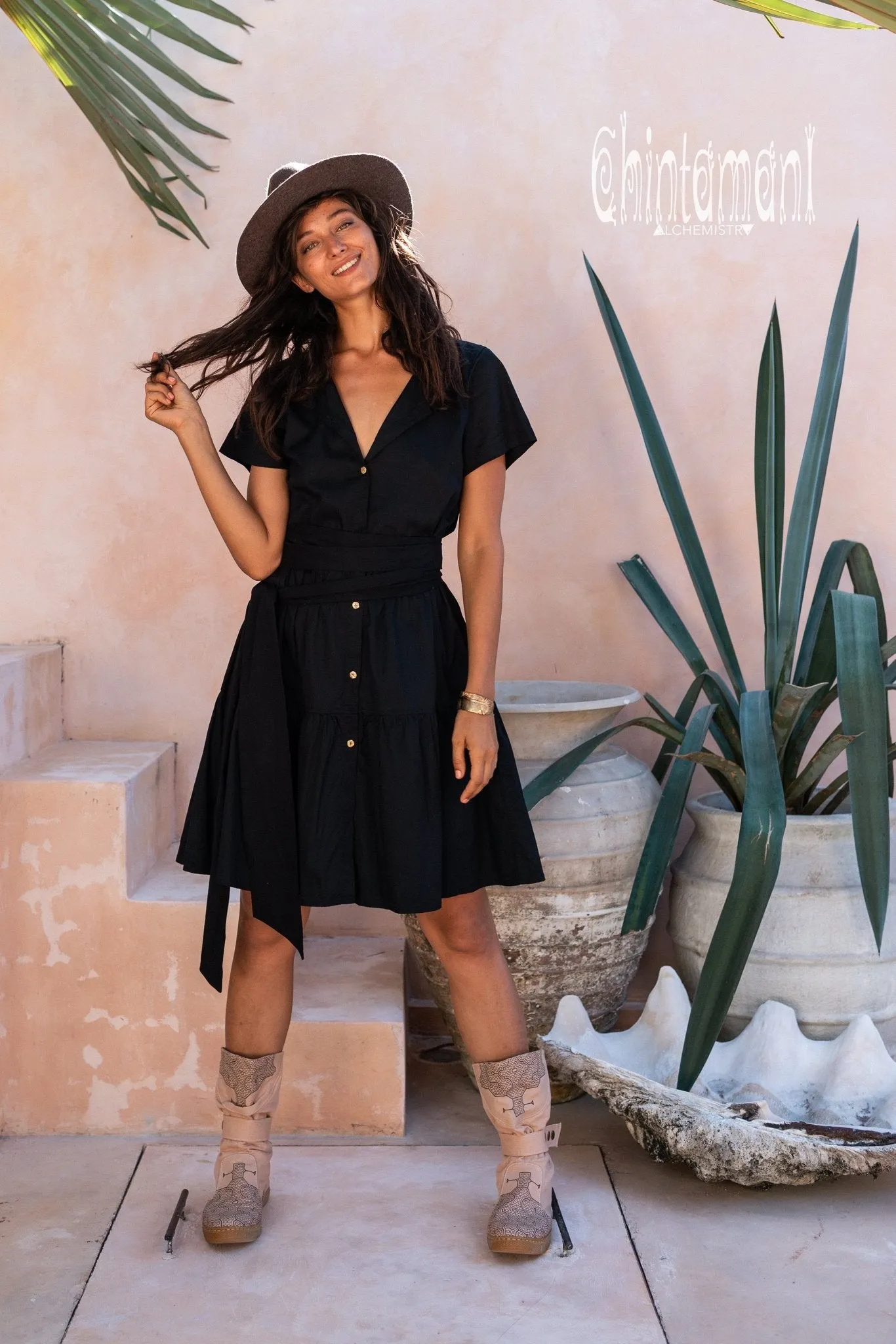 Cotton Mini Shirt Dress / Black